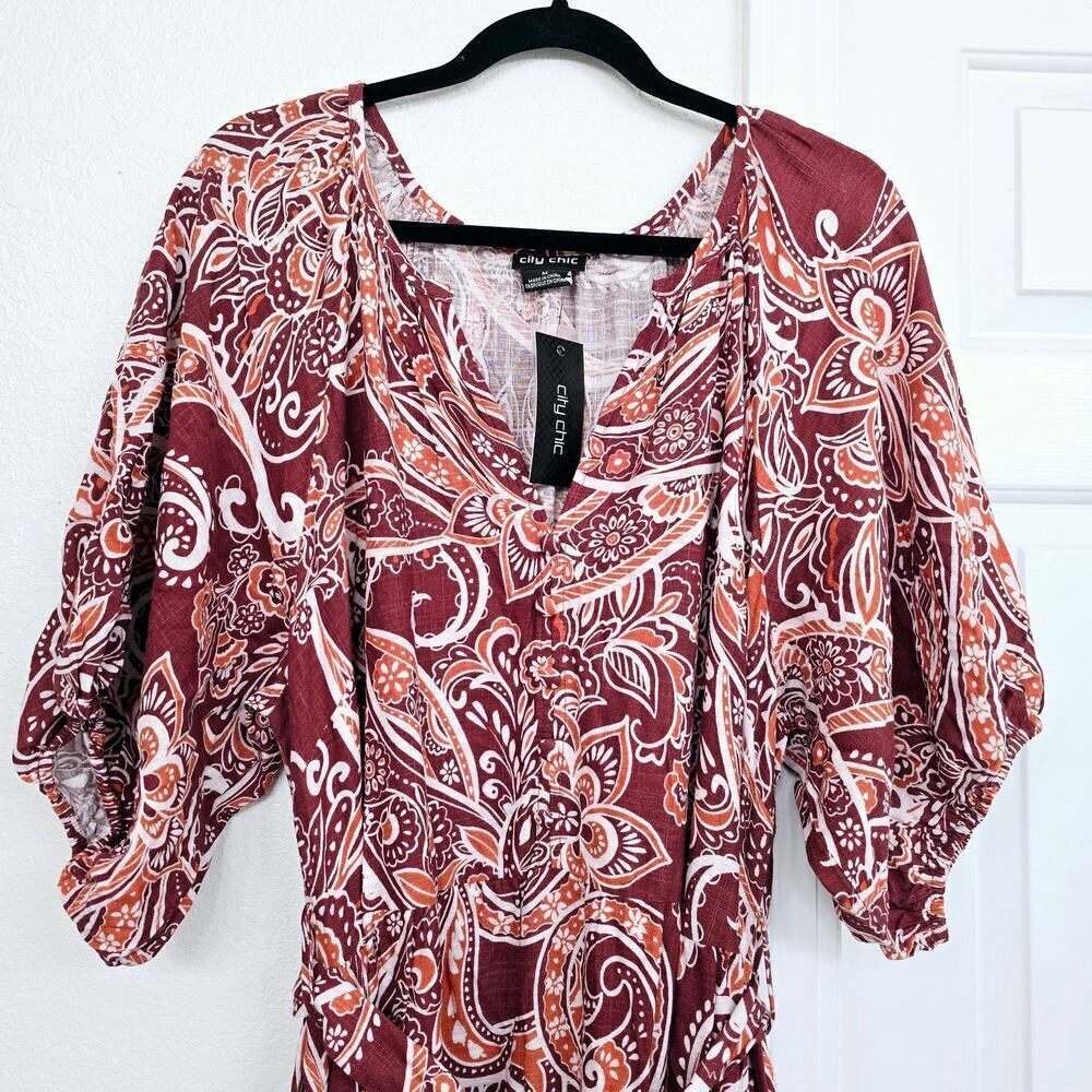 NWT Women's Plus Size 18 Paisley Charm Maxi Dress Marsala Red Puff Sleeve Boho - Picture 4 of 13